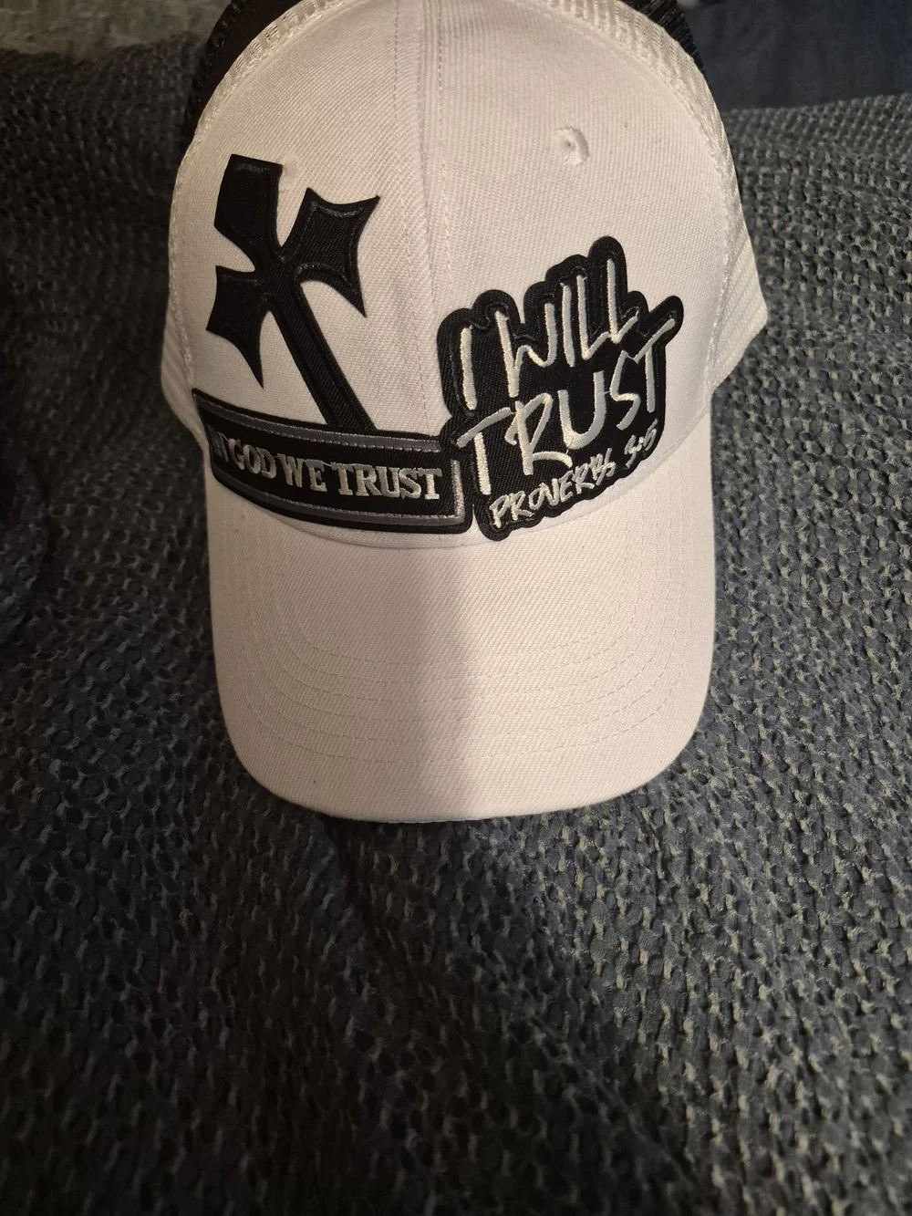 I Will Trust White Baseball Cap with Cross Embroidery